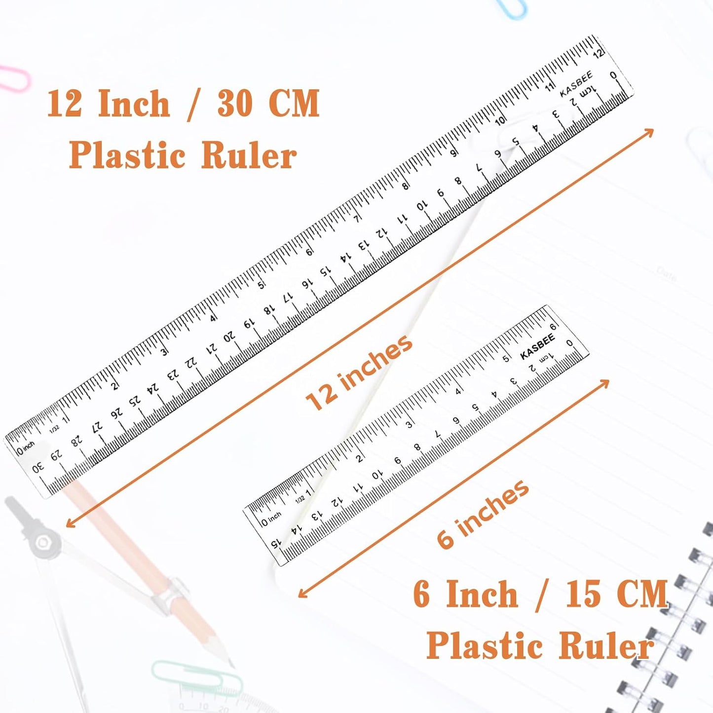 Plastic Rulers, 6 Inch Ruler, 12 Inch Ruler, Clear Ruler with Centimeters and Inches, Straight Plastic Ruler Set for Students School and Office