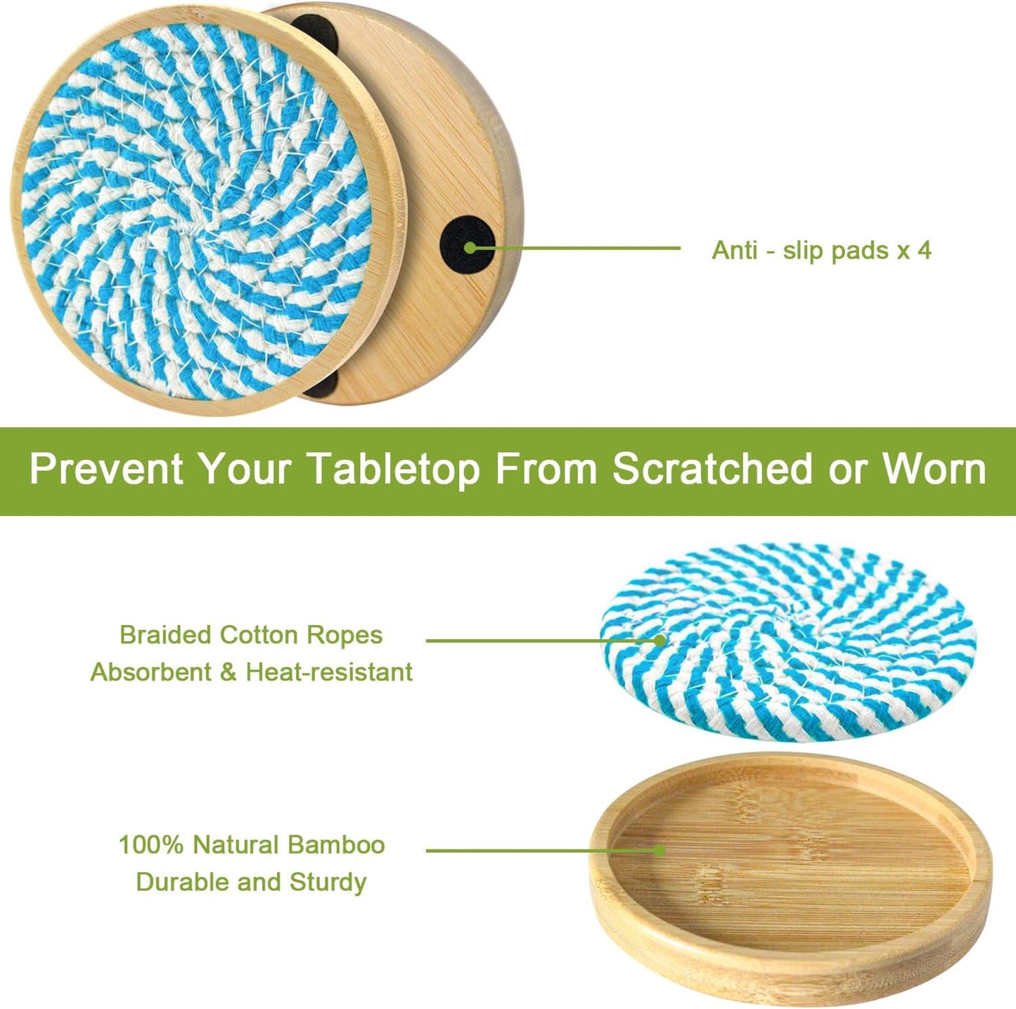 5 Pack Absorbent Coasters for Drinks, 4.3 Inches Cork for Coffee Tables, Wooden Drink Protection, Cute for Kitchen, Farmhouse, Bar, and Office (Blue)