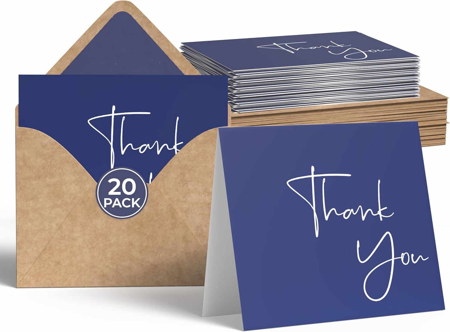 VNS Creations 20 Pack Thank You Cards With Envelopes, Stickers, 4x6 Inch Blank Thank You Notes - Bulk Box Set Large Notes for Graduation, Wedding, Small Business, Baby & Bridal Shower - Navy Blue