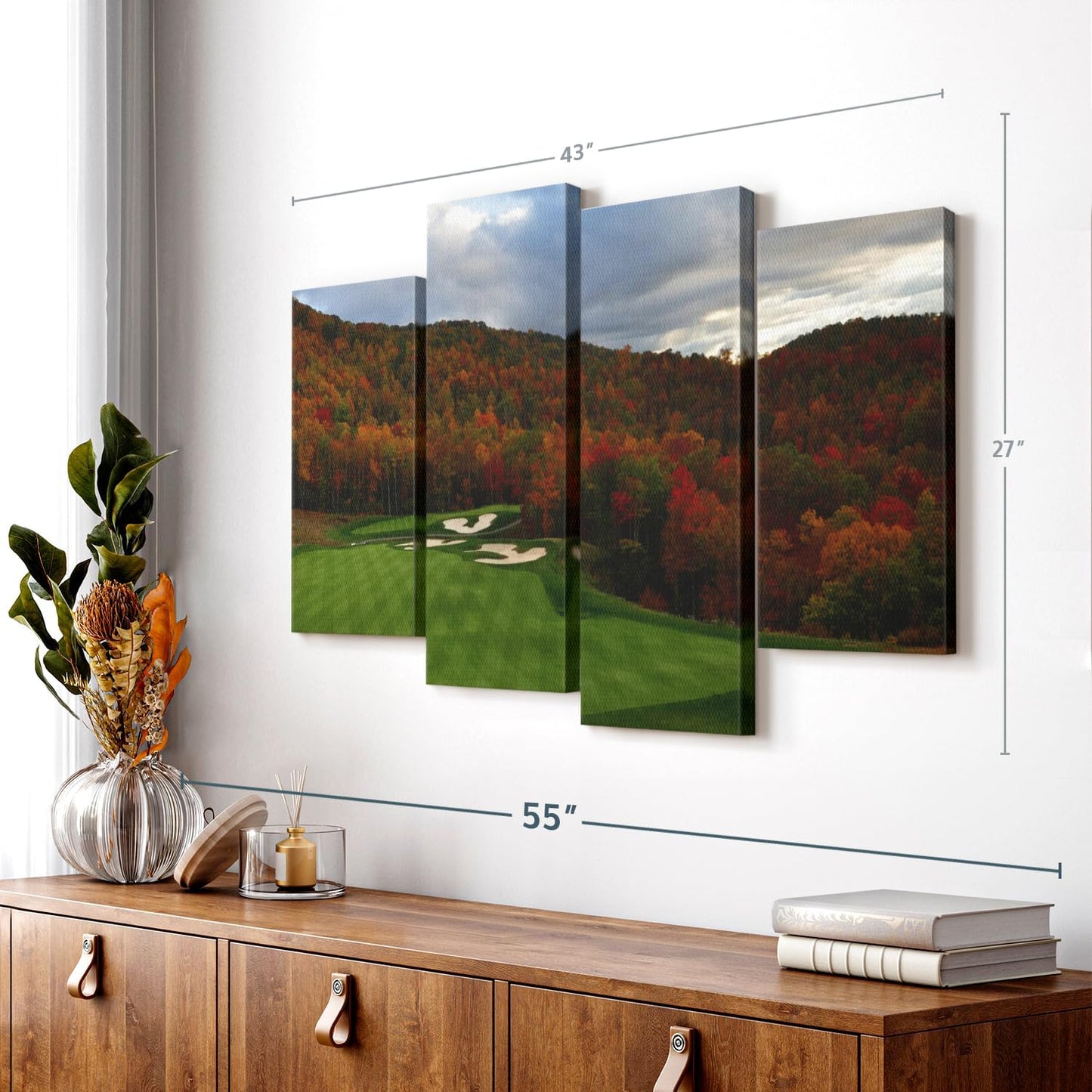 Elephant Stock Autumn Golf Course Wall Art - Horizontal Canvas - 4-Piece Living Room Wall Decor - Photography Sports Canvas Print - Blue and Orange Decor for Wall - 43" X 27"