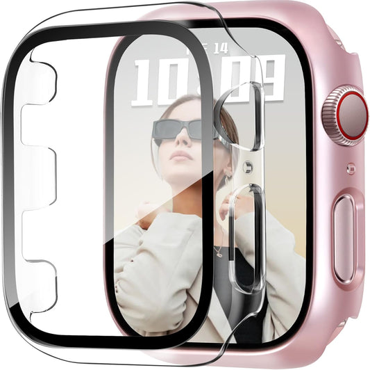 JR.DM 42mm 2 Pack Hard PC Case with HD Tempered Glass Screen Protector for Apple Watch Series 3/2/1, Slim Guard Bumper Full Coverage Protective Anti-Scratch Face Cover for iWatch, Pink/Clear