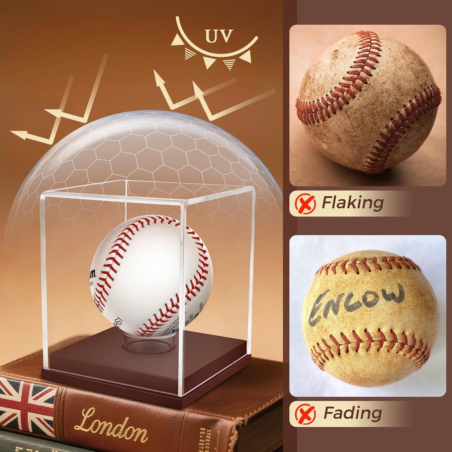 Baseball Display Case, UV Protected Clear Acrylic Cube Golf Ball Display Holder, Autograph Stand and Memorabilia Showcase Box for One Ball, Brown Wooden Base