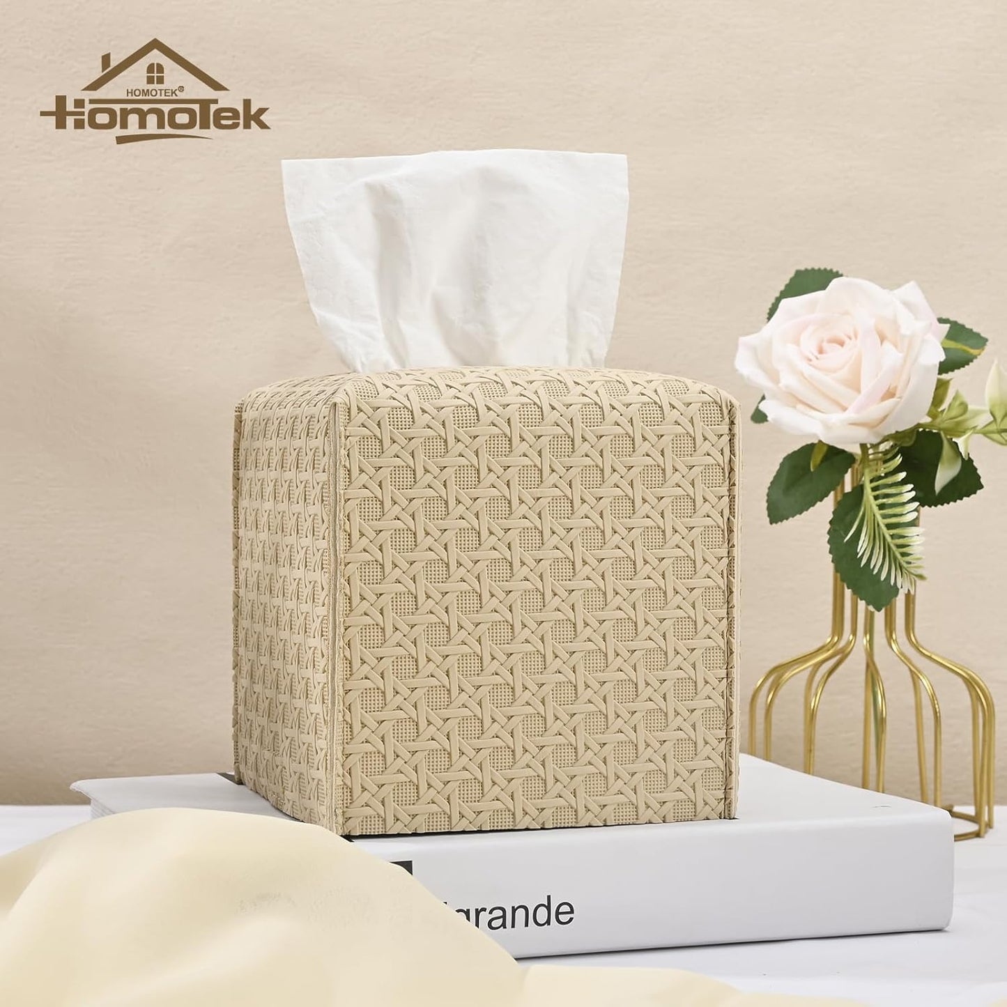 HOMOTEK 2 Pack Tissue Box Cover, Square PU Leather Tissue Holder, Decorative Facial Tissue Cube Paper Organizer Dispenser for Bathroom, Night Stands, Desk, Car 5X5X5'' - Rattan Weave,Beige