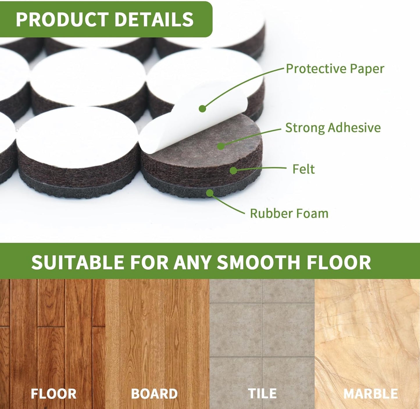 Non Slip Furniture Pads 60 PCS - 36 pcs 1” Round + 24 pcs 2" Square - Anti Slip Furniture Pads - Self Adhesive Rubber Feet Furniture Feet - Chair Leg Floor Protectors