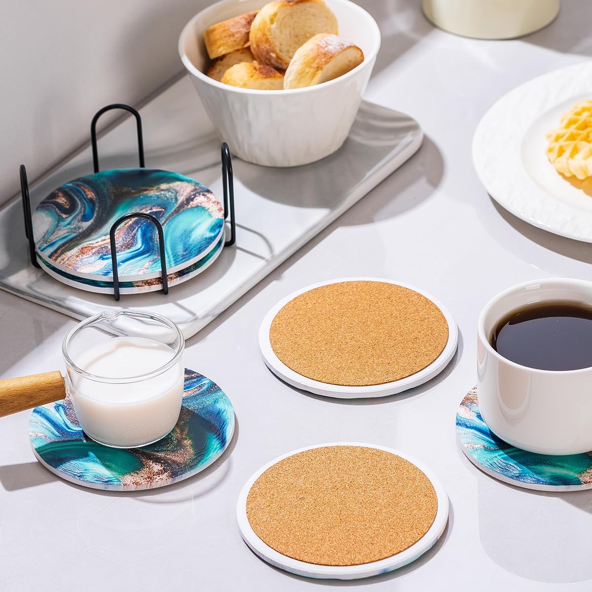 Blue Marble Coasters with Holder Set of 6, Absorbent Ceramic Coasters for Drinks, Coasters with Cork Backing for Table Protection, Housewarming Christmas Birthday Gifts 4 inches