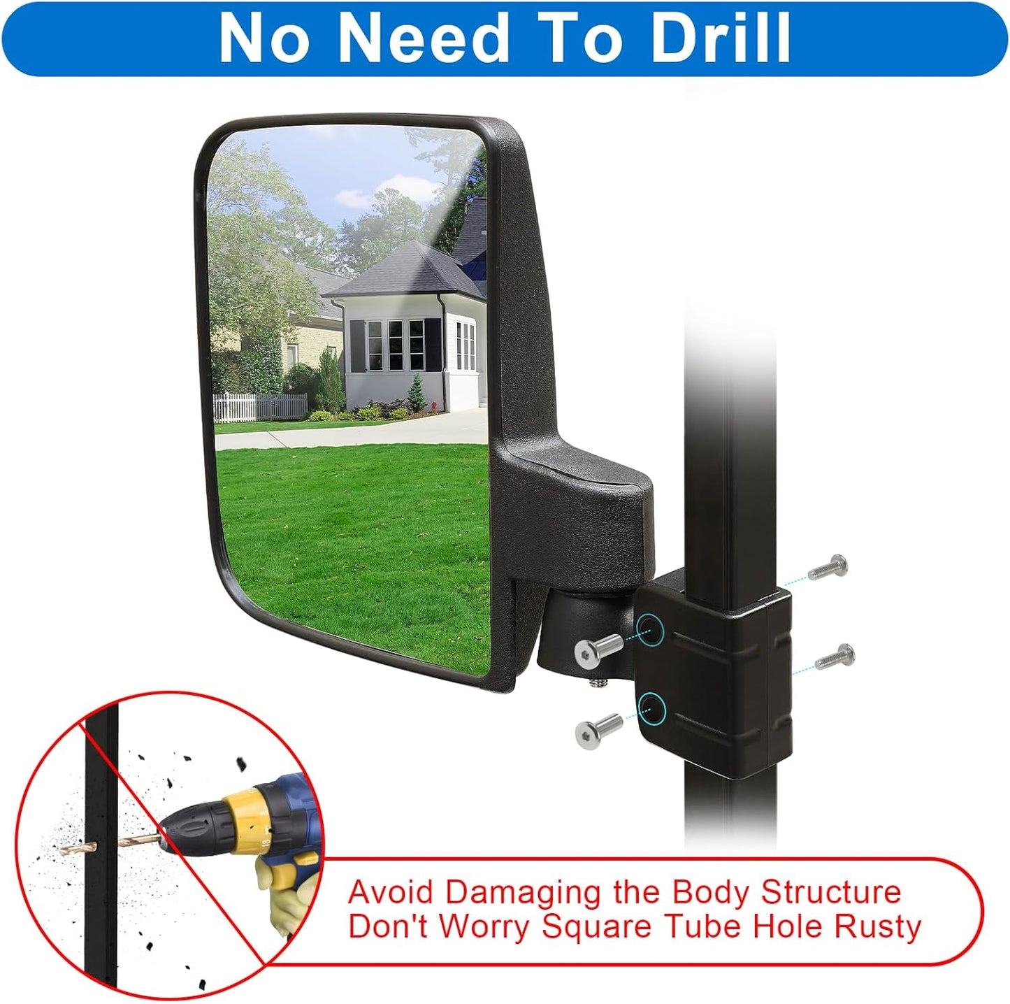 Golf Cart Side Mirrors, No Drilling for EZGO Club Car Yamaha Golf Cart and Others, Fit 3/4, 1.0 and 1 1/4-inch Square Strut, Folding Side Rear View Mirrors Adjustable 180 Degree HD Glass