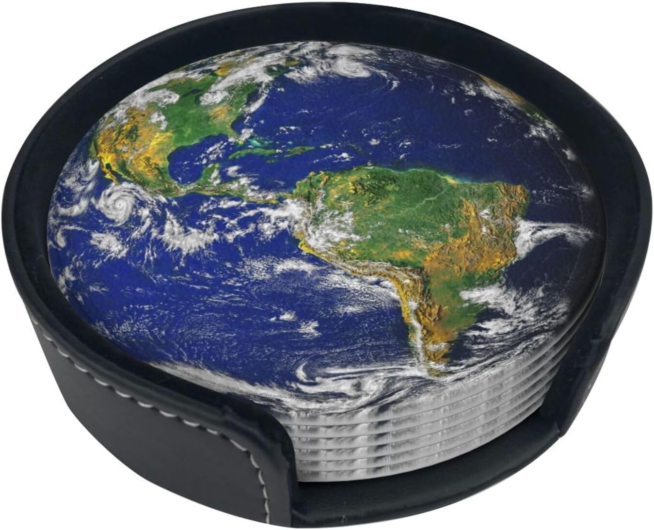 Planet Earth North and South America Map Coasters for Drinks Round Leather Coaster with Holder Set of 6 for Tabletop Protection Desk Accessories Office Home Room Decor