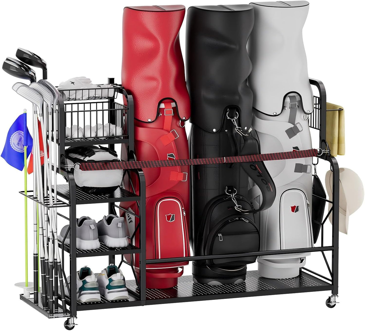 Golf Bag Organizer for 3 Golf Bags, Golf Bag Storage Rack For Garage, Golf Accessories For Men, Extra Large Size Golf Bag Storage Stand Golf Club Holder and Golf Gear Rack, Golf Gifts for Men