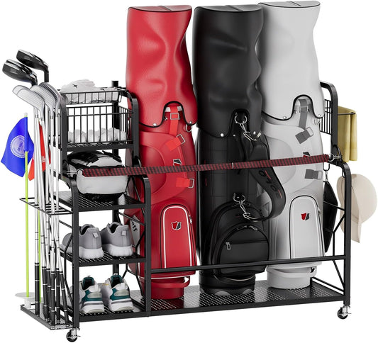 Golf Bag Organizer for 3 Golf Bags, Golf Bag Storage Rack For Garage, Golf Accessories For Men, Extra Large Size Golf Bag Storage Stand Golf Club Holder and Golf Gear Rack, Golf Gifts for Men