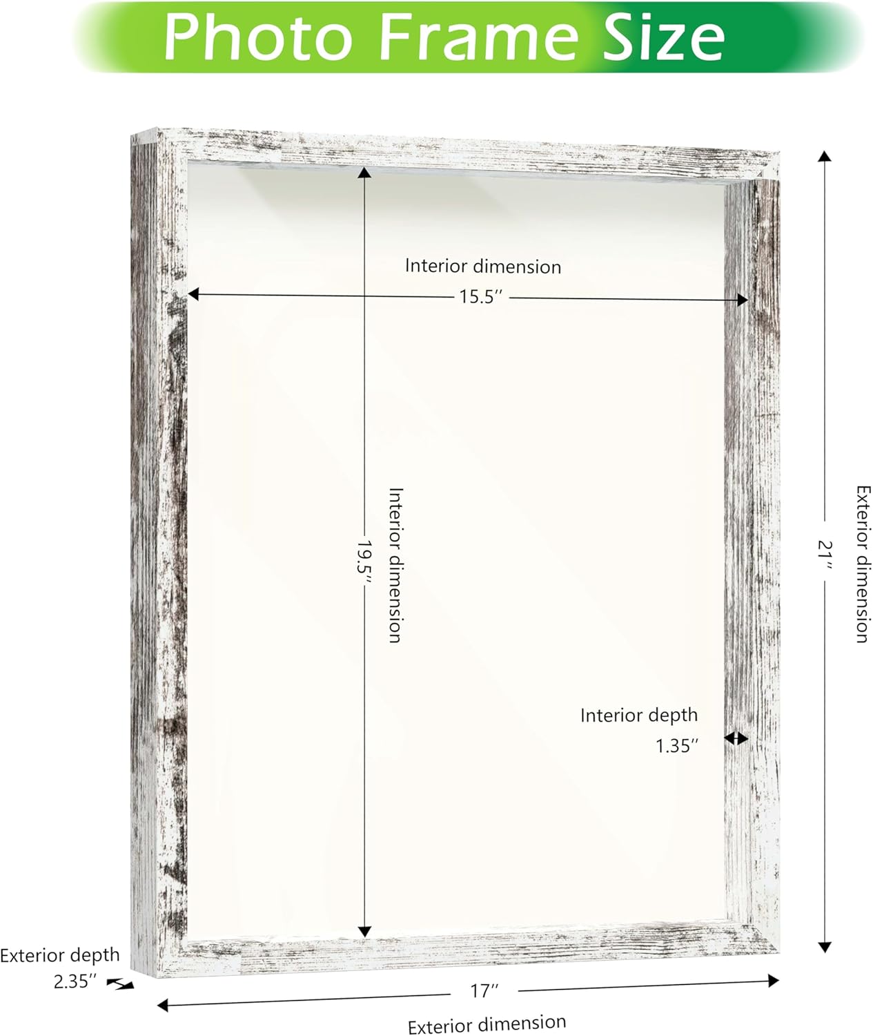 FrameWorks 16" x 20" White Driftwood Wooden Shadow Box Frame – Soft Felt Back, Tempered Glass, and Included Elegant White Ball Push Pins
