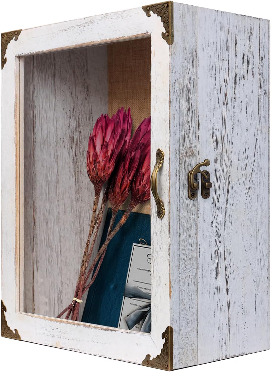 Shadow Box 11x13 Display Case, 5 Inch Extra Deep Shadow Box Frame , Acrylic Door, White Solid Wood Shadow Box with Linen Back & Pins, Rustic Metal Corners, Wall Mounted Keepsake Display Cabinet