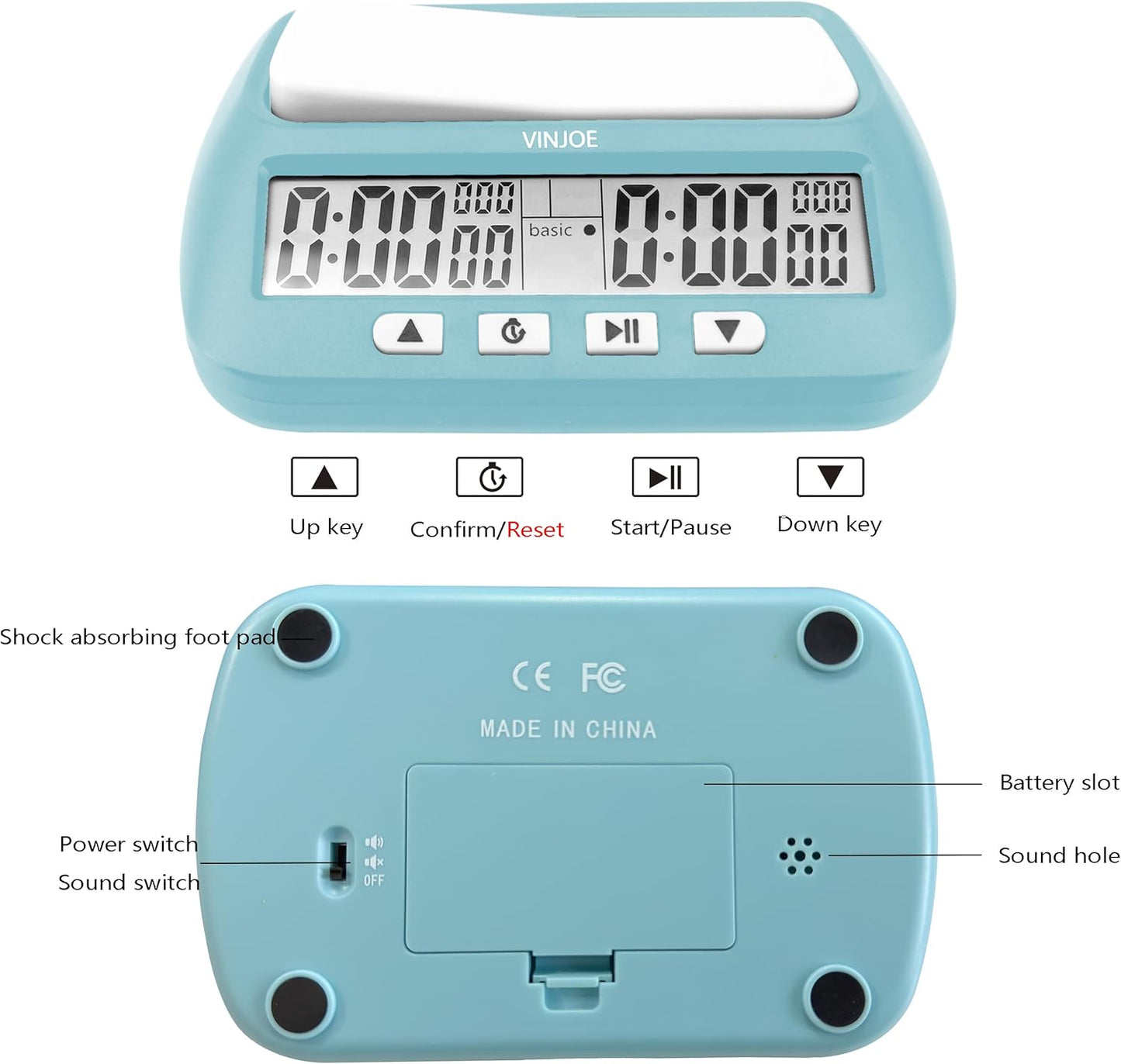 VINJOE Chess Clock Digital Chess Timer Professional for Board Games,Portable Digital Chess Clock & Game Timer with Basic,Bonus,Delay and Positive Time Features Best Gifts for Christmas (Blue)