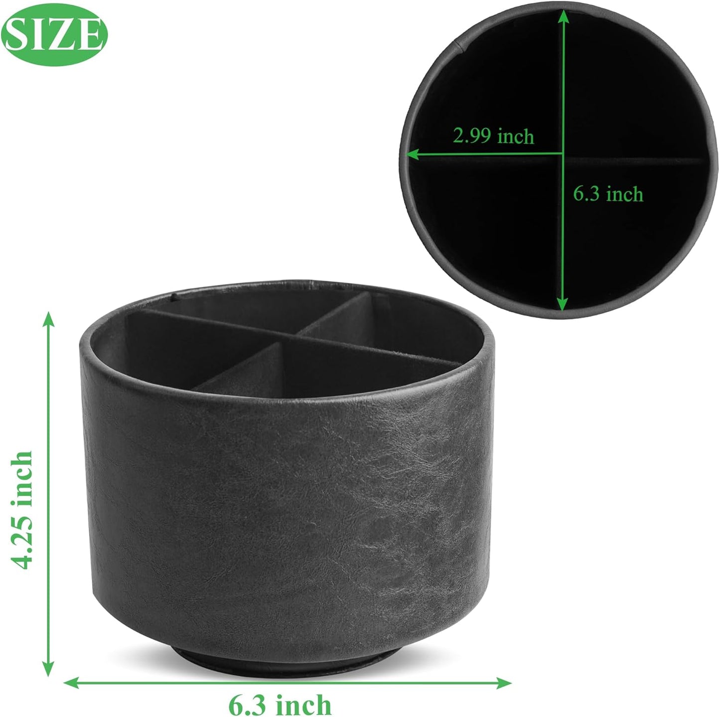 Hennaja Round Leather Art Supply Organizer,Remote Control Holder,360 Degree Spinning,Multi-Functional Pencil Holder,4 Compartments Desktop Stationary Organizer(1-Oil Black)