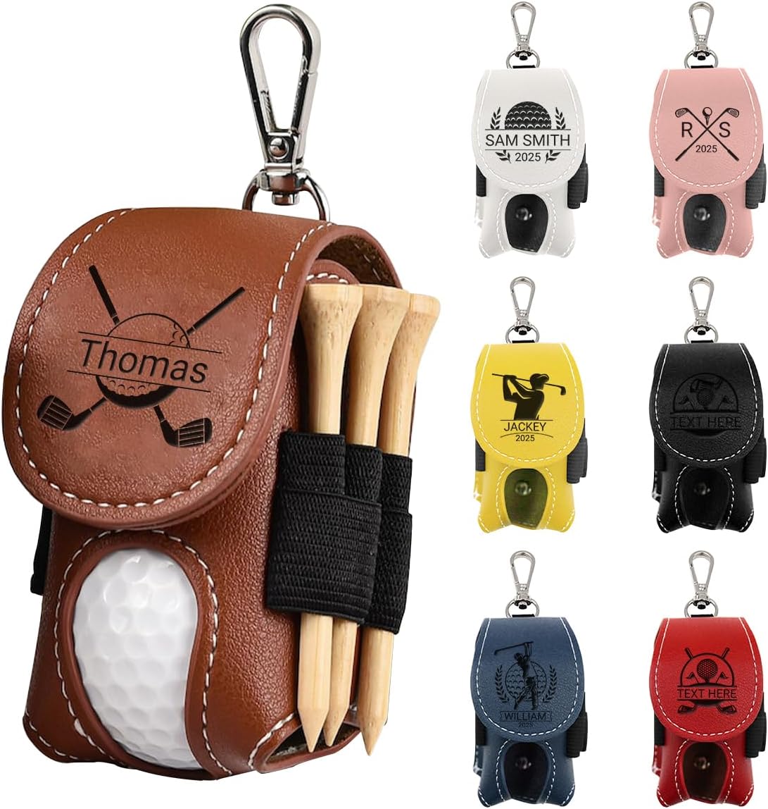 Personalized Golf Balls Bag Custom Name Initial Pouch for Golf Ball Tees Holder Customized Leather Mini Golf Ball Waist Bag with Belt Clip Gift for Golfers Men Women Portable Golf Accessories,7 Colors