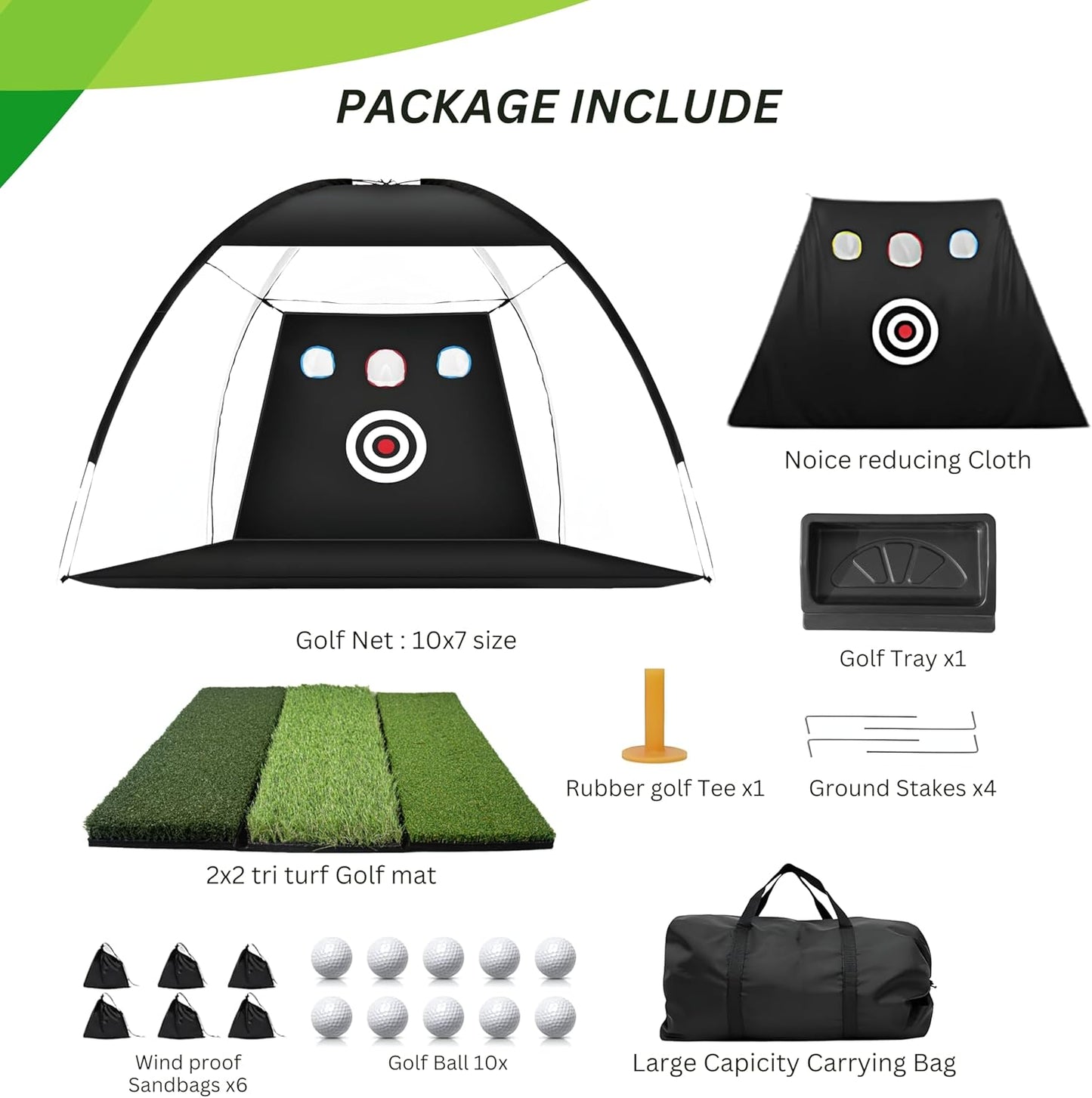 Golf Hitting Net 10x7FT with Tri Turf Mat, Golf Nets for Backyard Driving Real Golf Balls with 10 Balls, 4 Ground Stakes, 6 Windproof Sandbags, Rubber Tee, Tray and Carry Bag Indoor/Outdoor Use
