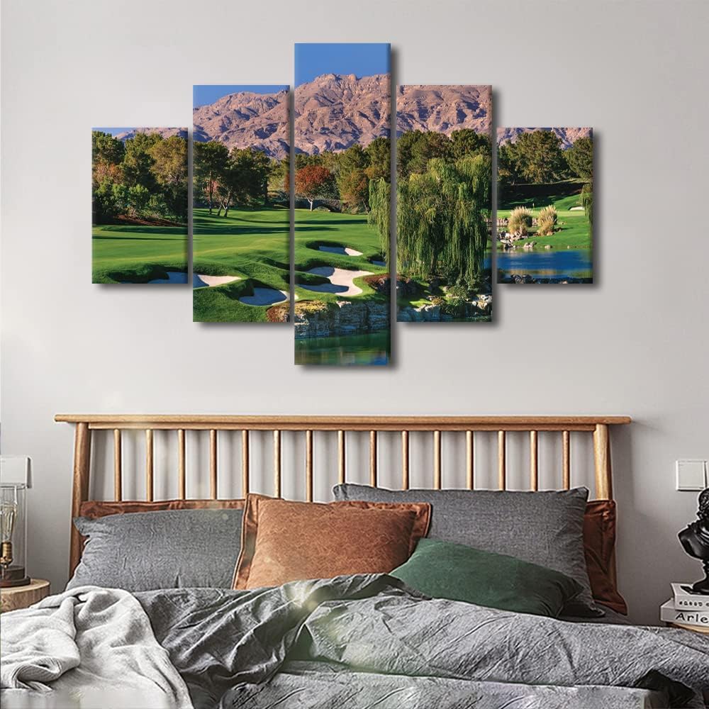5 Panel American Golf Course Wall Art Canvas Prints Shadow Creek Golf Course Wall Decor Poster Gallery Wrap Modern Home Decor for Living Room Bedroom Wall Decorations Framed Ready to Hang - 60"Wx40"H
