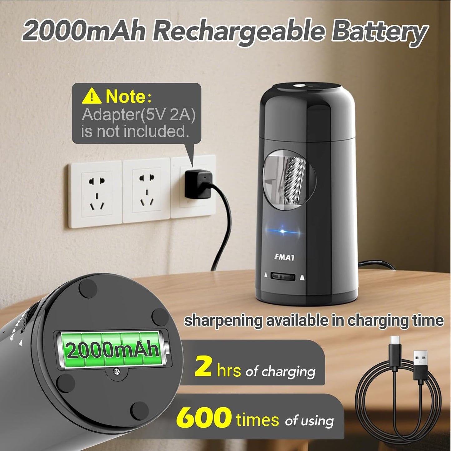 AFMAT Electric Pencil Sharpener, Rechargeable Fully Automatic Pencil Sharpener for Jumbo & Colored Pencils (7-11.5mm), Auto in/Out, Hands-Free, Portable for Home/Classroom/Office PSX6 (Black)