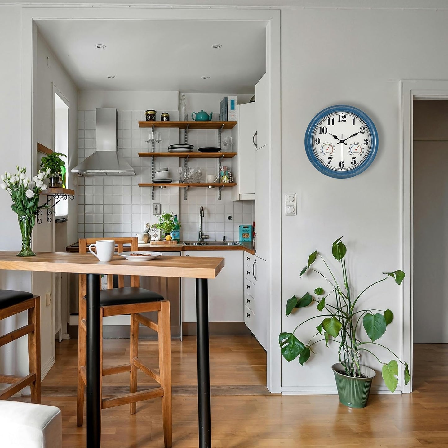 JENLYSTIME 13 Inch Outdoor Clock, Waterproof and Silent, with Thermometer and Hygrometer, Large Numbers for Easy Reading, Perfect for Home,Office,Bedroom,Kitchen,Porch,Garden,Pool(Blue)