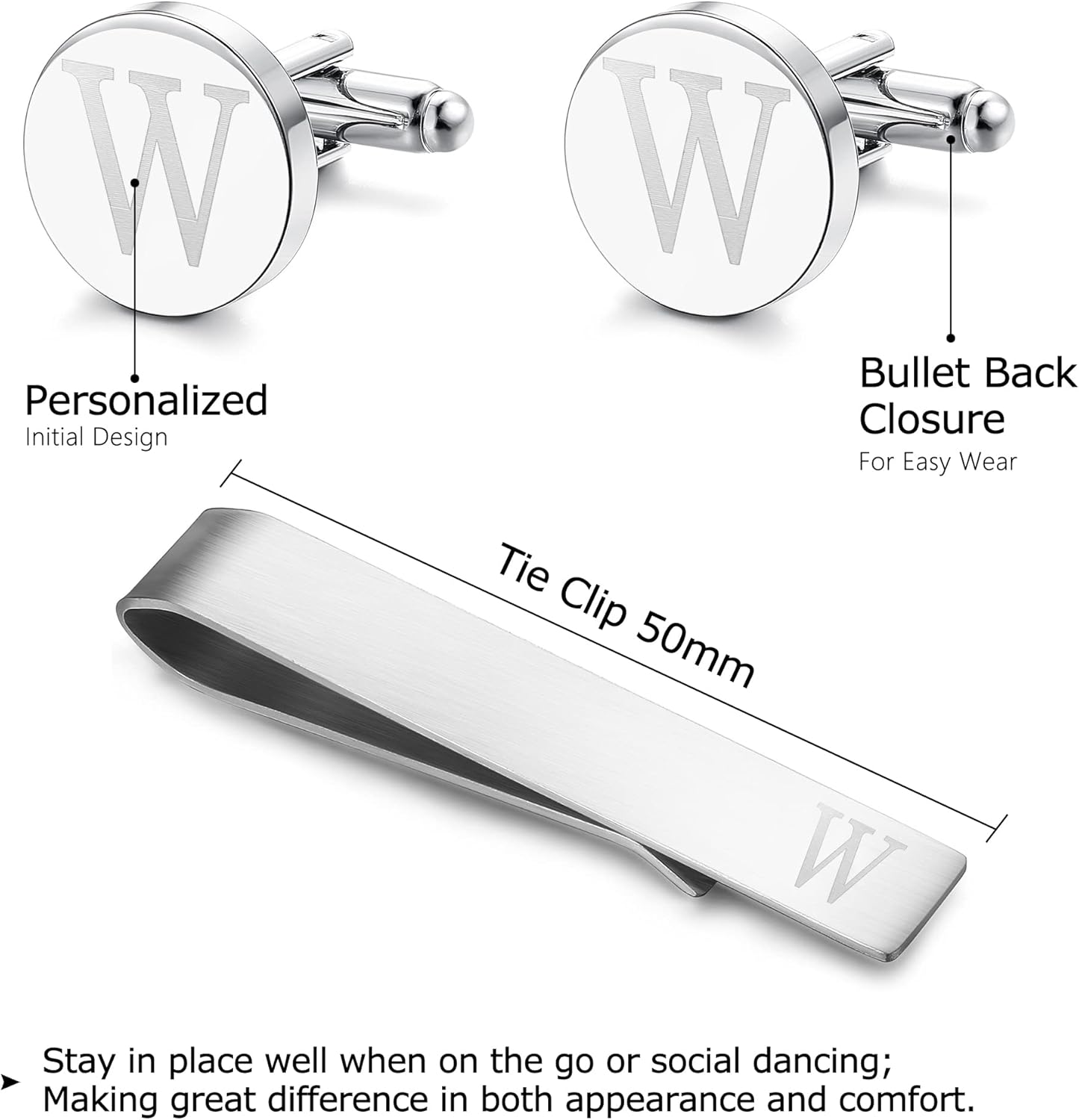 LOYALLOOK Stainless Steel Engraved Initial Cufflinks and Tie Clip Bar Set Alphabet Letter With Gift Box A-Z