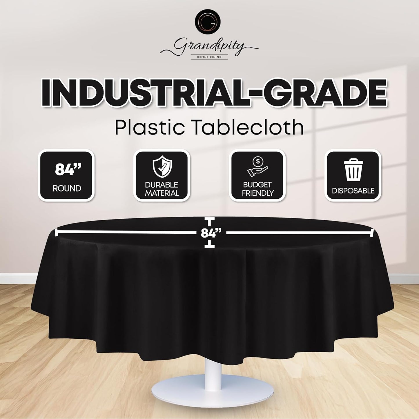 Grandipity 12 Pack Premium Disposable Plastic Tablecloth 84" Inch Decorative Round Table Cover - Black