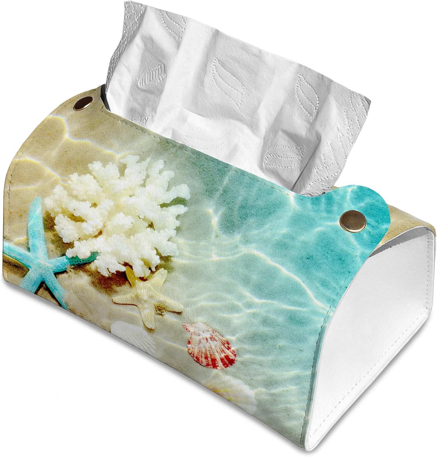 Summer Beach Starfish Seashell Tissue Box Cover Holder – Rectangular Tissue Organizer, Decorative Napkin Box Case for Home, Office & Car