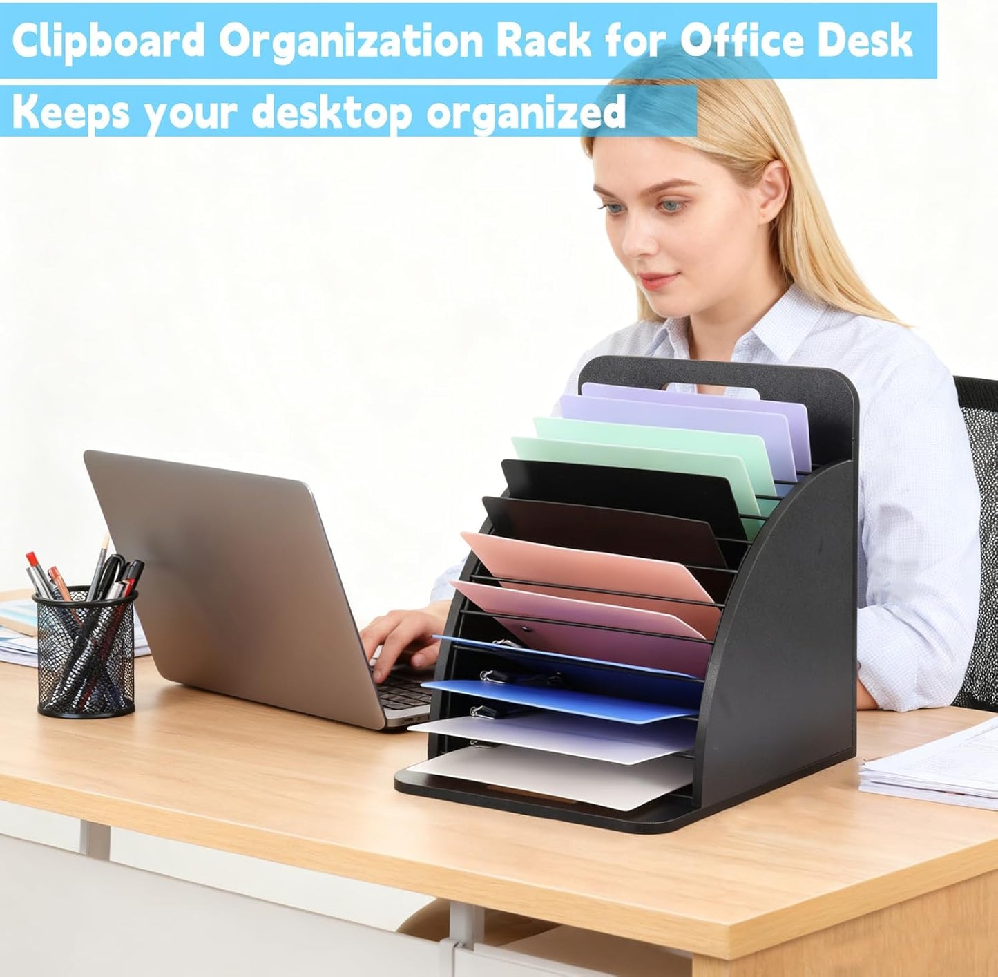 Clipboard Holder Wooden Storage Clipboard Holder Rack - with Raised Side Panel Black Clip board Organizer - for Classroom Office School Teacher Organizing (Clip Boards Not Included)