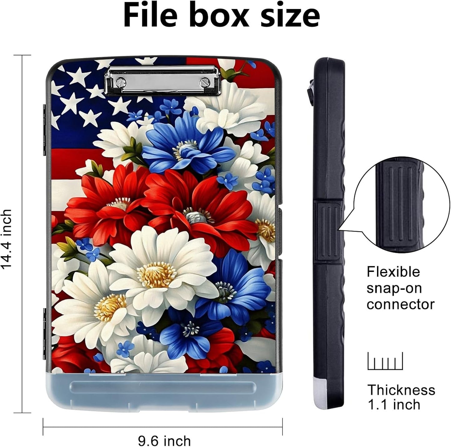 Clipboard with Storage - Large Capacity,Nursing Clipboard with Pen Holder,Heavy Duty,Plastic Side-Opening Folder for Teacher,Nurse - American Flag Flowers Bouquet