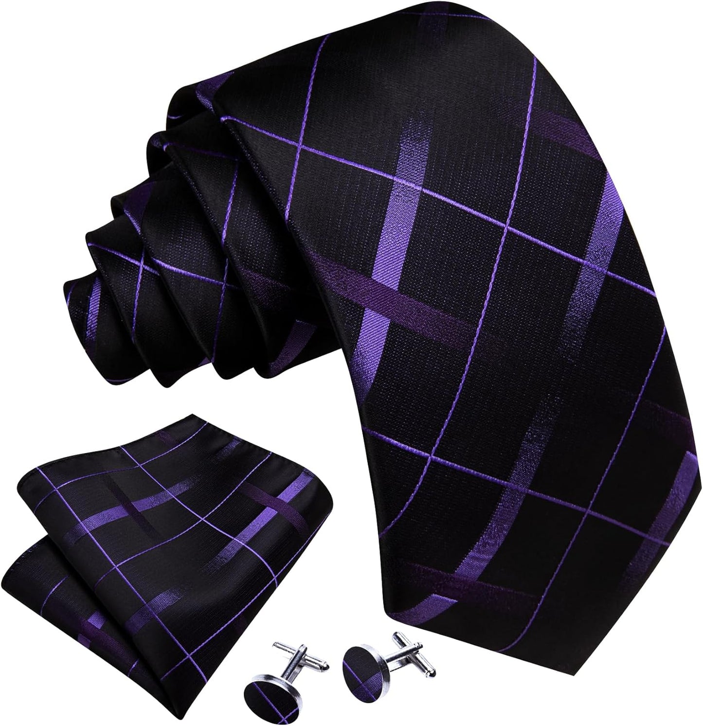 Barry.Wang Designer Classic Ties for Men Set Formal Pocket Square Cufflink Check Plaid
