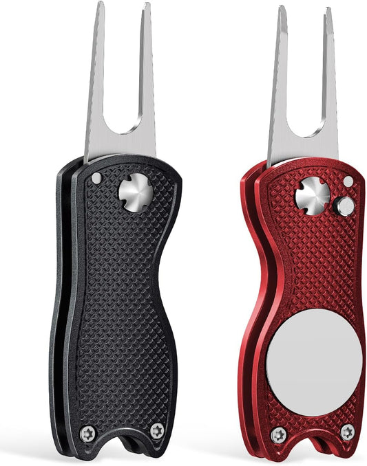 GreenHaven 2-6 Pack Golf Divot Repair Tool for Golfers Foldable Metal Green Tool with Magnetic Putt Alignment Ball Marker Pop-up Fork Tine with Sturdy Aluminum Alloy Handle