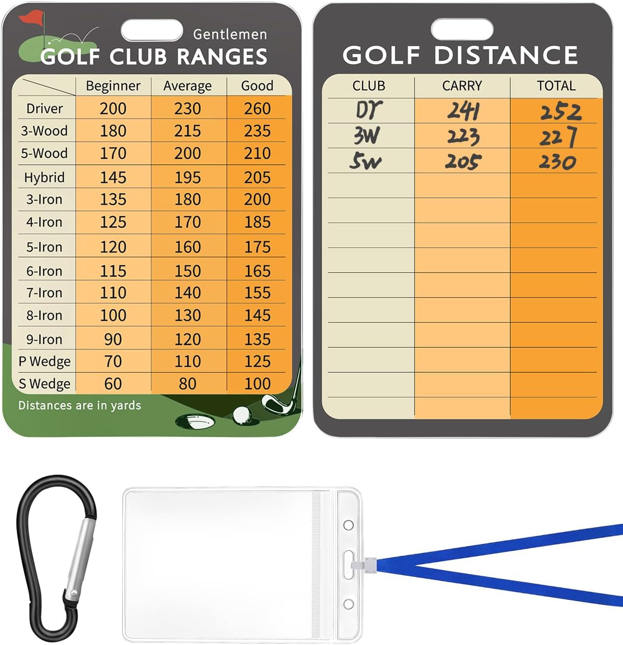 Swooflia Golf Club Distance Card - 2 Pack or 1 Pack Golf Club Range Chart Card, Swing Minder Reference & Blank Distance Yardage Scorecard, Golf Bag Accessories Gifts for Men Women Golfers