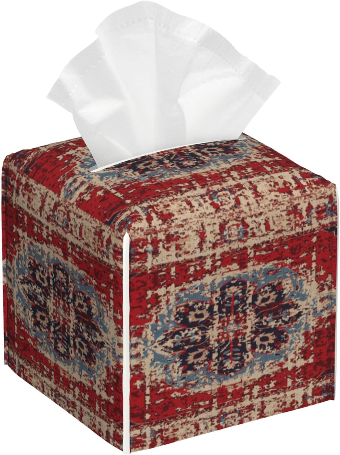 Tissue Box Cover Square, Vintage Boho Carpet Rug Leather Tissue Box Holder Decorative Organizer for Bathroom, Home Office Car Decor