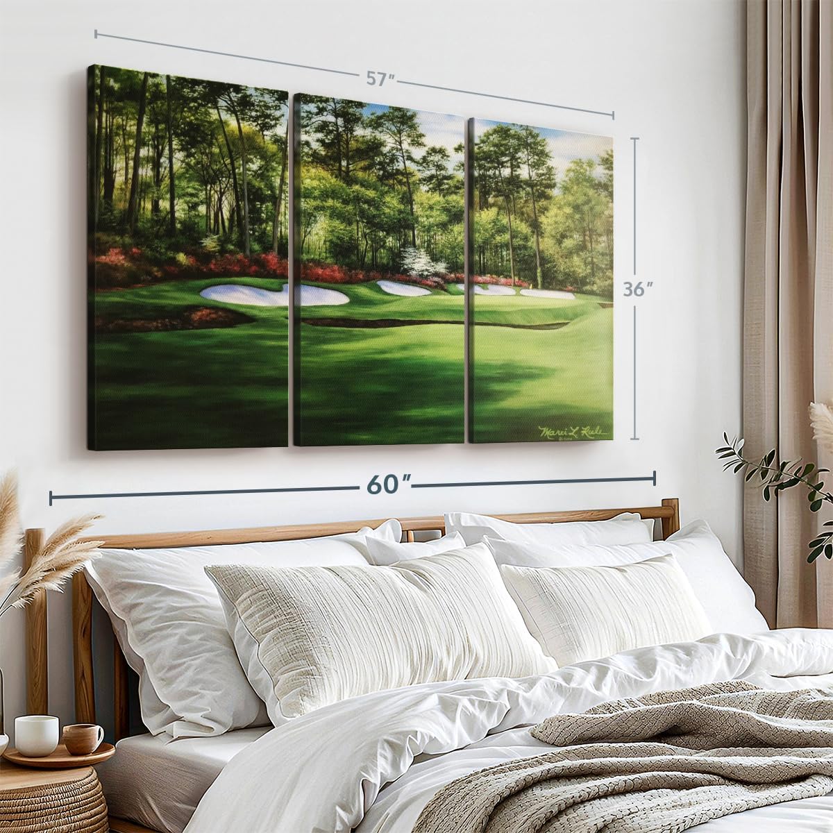 ElephantStock Augusta National 13th Hole I Wall Art - Horizontal Canvas - 3-Piece Living Room Wall Decor - Painting Sports Canvas Print - Green and Red Decor for Wall by Marci Rule - 57" X 36"