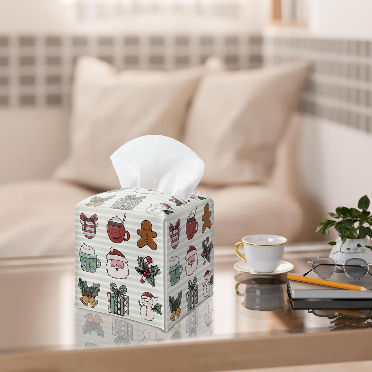 Merry Christmas Tissue Box Holder, Cute Santa Bow Leather Tissue Box Cover Square, Paper Facial Decorative Tissues Cover for Night Stands Bathroom Kitchen Office Home Decor-B30