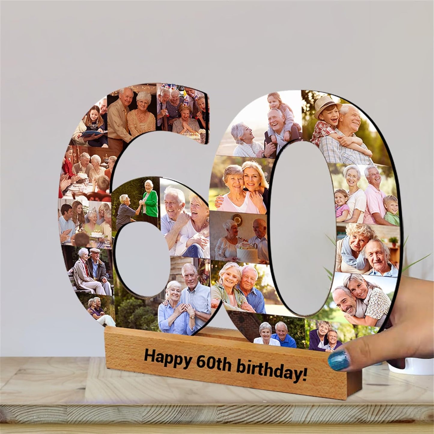 Personalized 16th Birthday Photo Frame Sign with 1-20 Picture Custom 50th Anniversary Picture Plaque Numbered Photo Collage 60 Anniversary Frame 18th Birthday Photo Sign,Wooden Base Birthday Frame