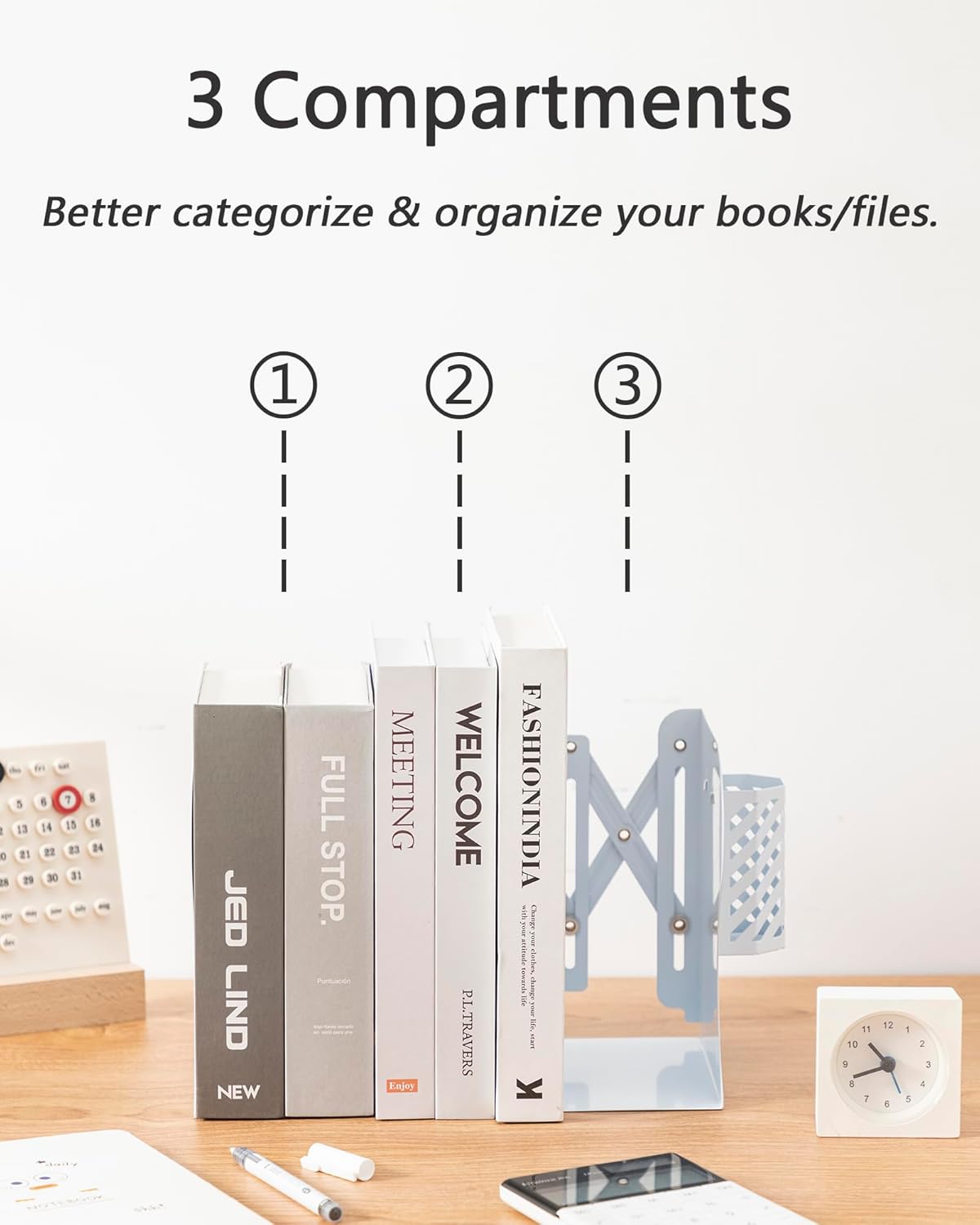 Kingsmile Book Ends, Adjustable Bookends for Shelves, Metal Bookends for Heavy Books, Book Stopper Organzier with Pen Holder for Desk, Kids Room, Office, Classroom, Library, Study Room.(White)