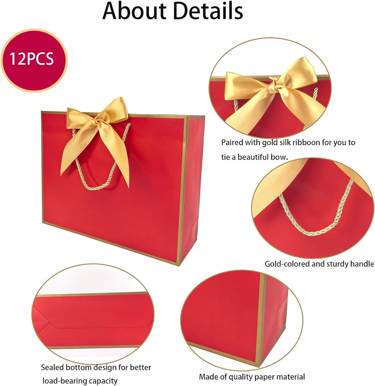 TKSBAG 12PCS Gift Bags Medium Size with Handles, 12.5 x 9.8 x 4.3 In Red Gold Thank You Bags with Bow Ribbon for Wedding, Birthday, bridesmaid, Party Favors, Thanksgiving, Christmas