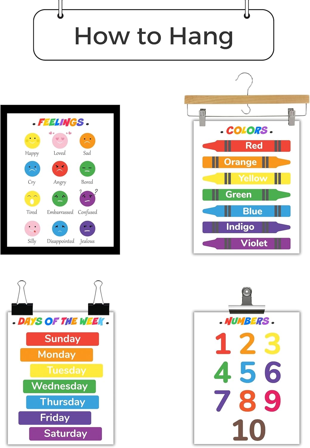 CNTG Design Educational Posters – Set of 6, 8x10 Inch Unframed Wall Art – Alphabet, Numbers, Days of the Week, Colors, Shapes & Feelings Charts for Classroom Decor (Colorful Learning)