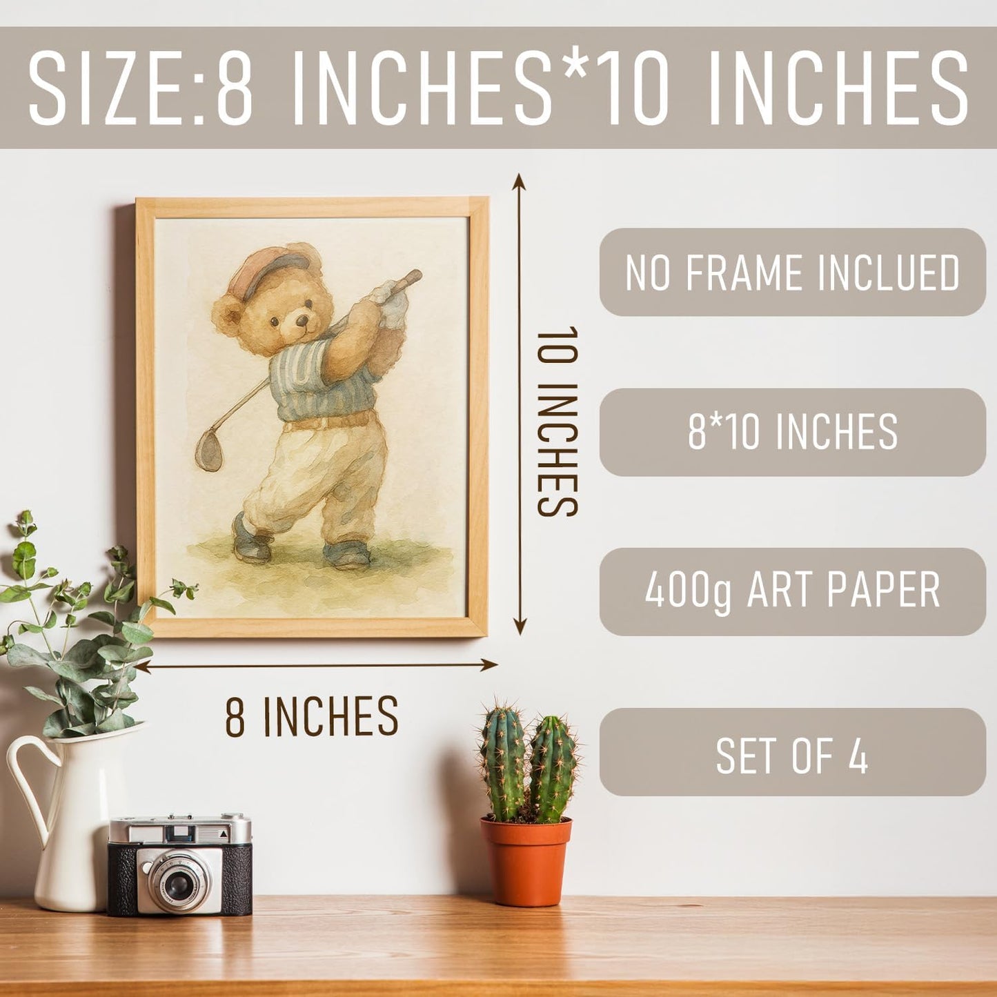 BRRNYOI Bear Nursery Wall Art Posters Set of 4, Sports Room Decor for Boys, Vintage Golf Baseball Football Soccer Bear Canvas Prints Wall Decor for Kids Boy Bedroom Playroom, 8x10 Unframed