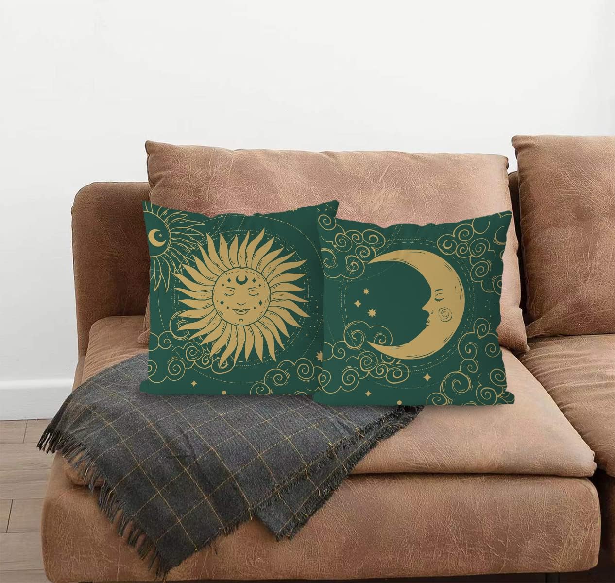 KEUSPI Moon Sun Pillow Cover Retro Boho Green Astrology Tarot The Sun and Moon Mysterious Throw Pillow Cover,Green Sun and Moon Decor Astrology Decor Pillow Covers 18x18 Set of 2