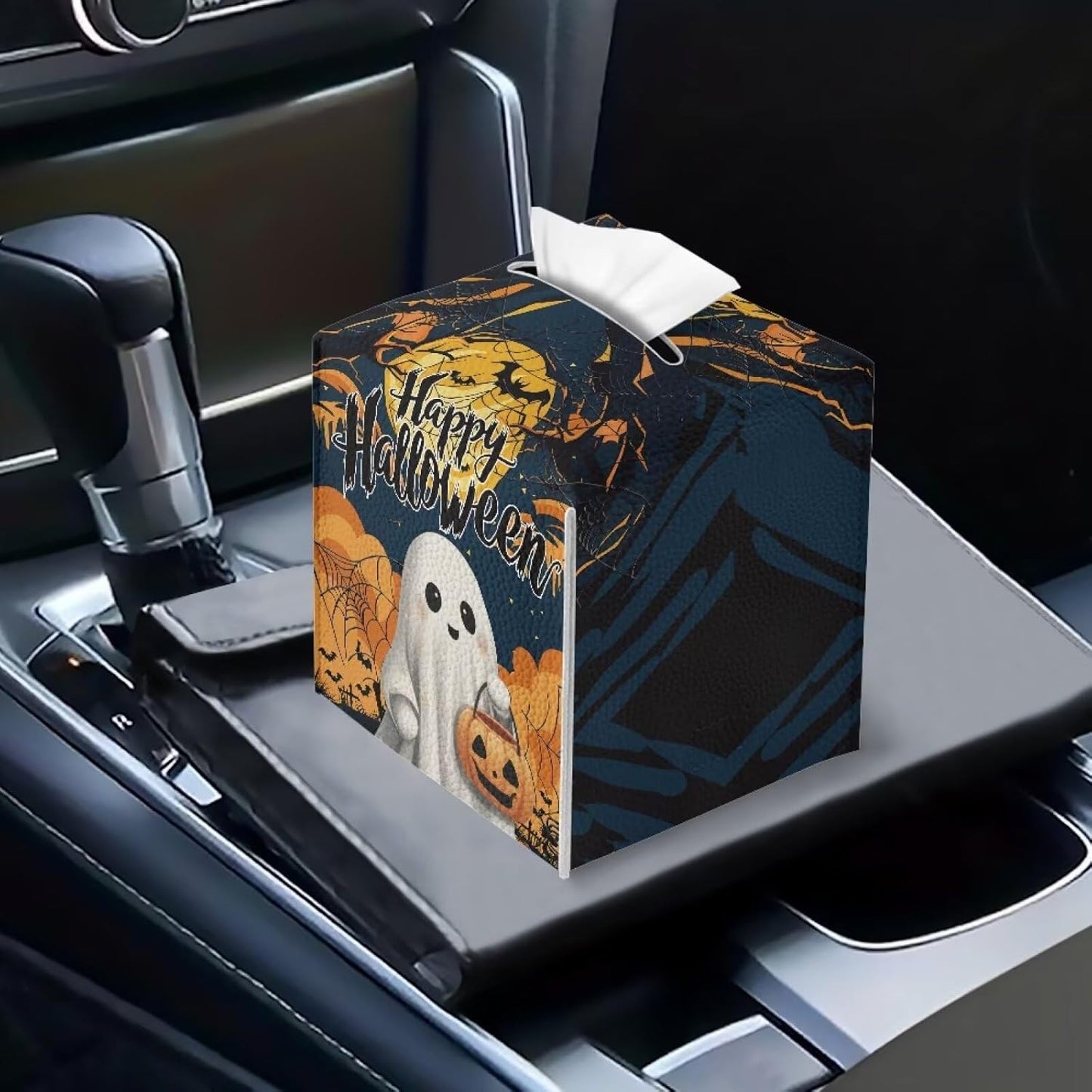 Happy Halloween Tissue Box Cover PU Leather Tissue Box Holder 5x5x5 inch Waterproof Protective Cover Modern Home Car Office Hotel Decor