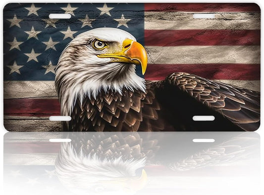Front License Plate,American Flag with Eagle License Plates Cover Rust-Proof Stainless Steel Metal Car Plate Tag Funny Novelty Vanity Tag Screw Decorative for Men Women