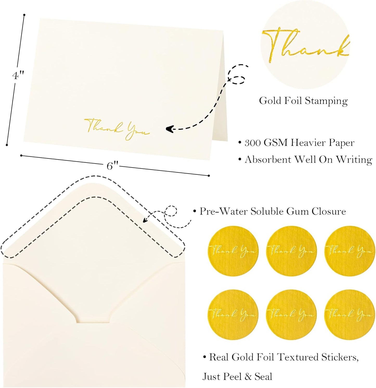 Crisky 50 Pack Thank You Cards With Envelopes & Stickers, Printable Ivory Bridal Shower Graduation Thank You Cards Small Business, Wedding Baby Shower Birthday Funeral Notes Bulk
