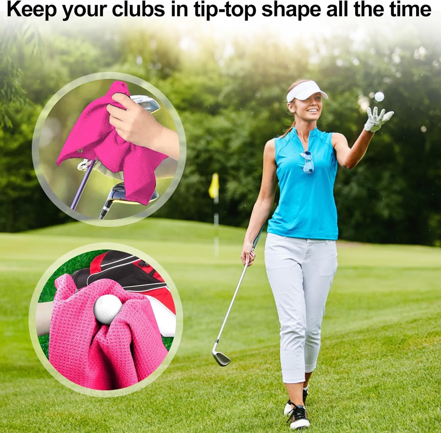 3 Pack Golf Towels, 16" x 16" Premium Microfiber Waffle-Pattern Golf Towel with Aluminum Carabiner Clip - Contains Golf Towels in 3 Colors of Pick, Purple and Cyan for Women's Golf Club Bag