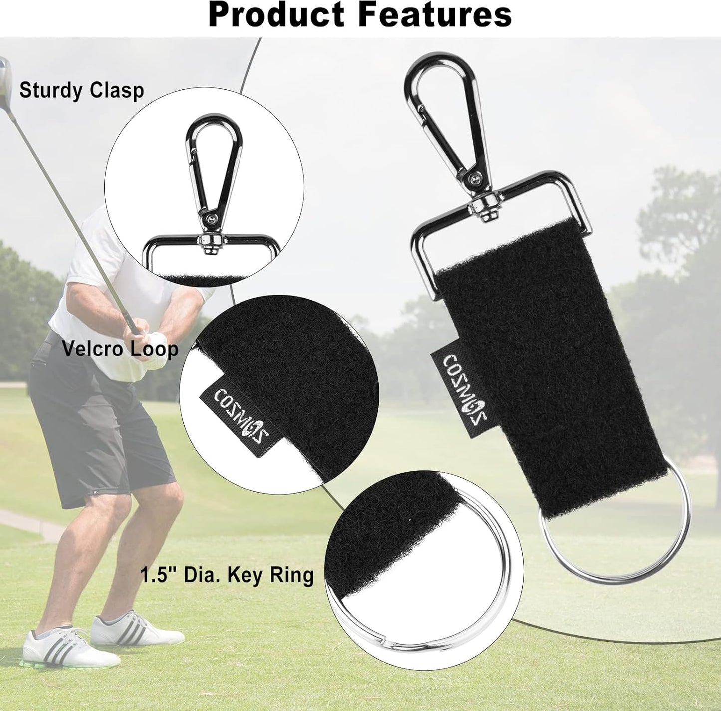 Cosmos Golf Glove Grabber Holder Golf Glove Belt Keeper Strap, Both Sides Loop with Metal Clip and Keyring, On Course Golf Club Bay Accessory for Carrying Golf Gloves, 2 Pcs