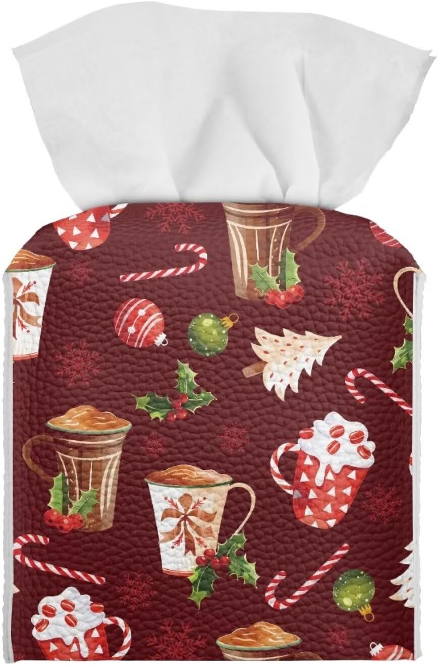Christmas Tissue Box Cover Waterproof Square PU Leather Facial Tissue Box Holder for Dresser Bathroom Decor Xmas Home Decor for Living Room Bedroom