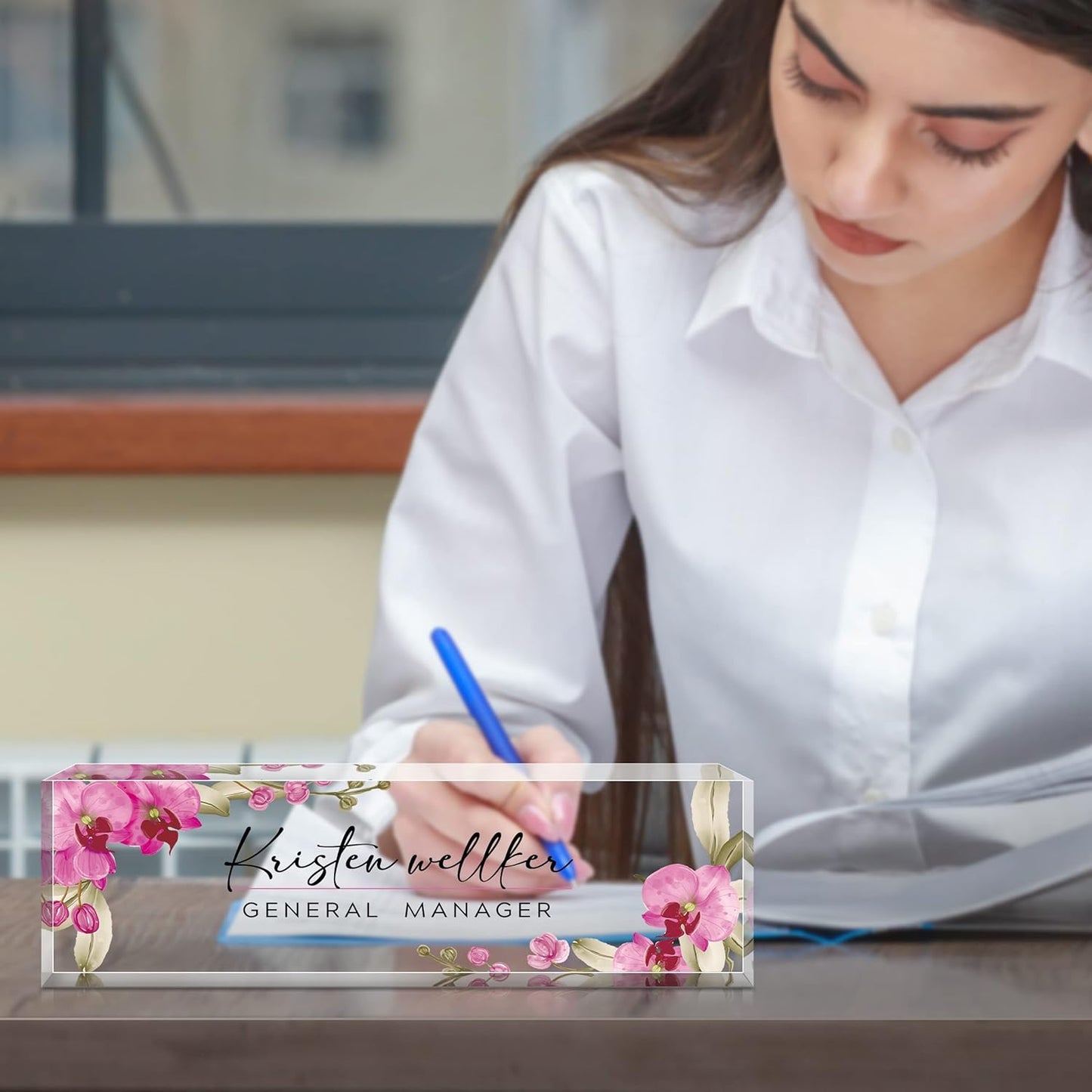 Personalized Name Plate for Desk Custom Acrylic Desk Name Plate Custom Employee Appreciation Gifts Office Gifts for Women, Men, Boss, Coworkers, Teacher, Nurse (Butterfly Orchid)