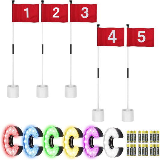 KINGTOP Mini Golf Flagstick with RGB Hole Light, Practice Putting Green Flags for Yard, Golf Pin Flag Hole Cup Set, Light Up Night Golf Party
