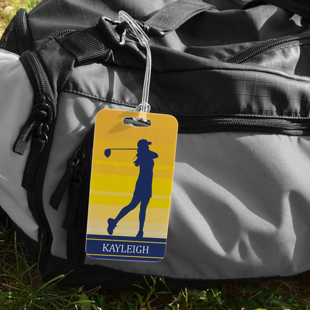 ChalkTalkSPORTS Golf Luggage & Bag Tag | Personalized Female Golfer | Standard Lines on Back | Large | Yellow