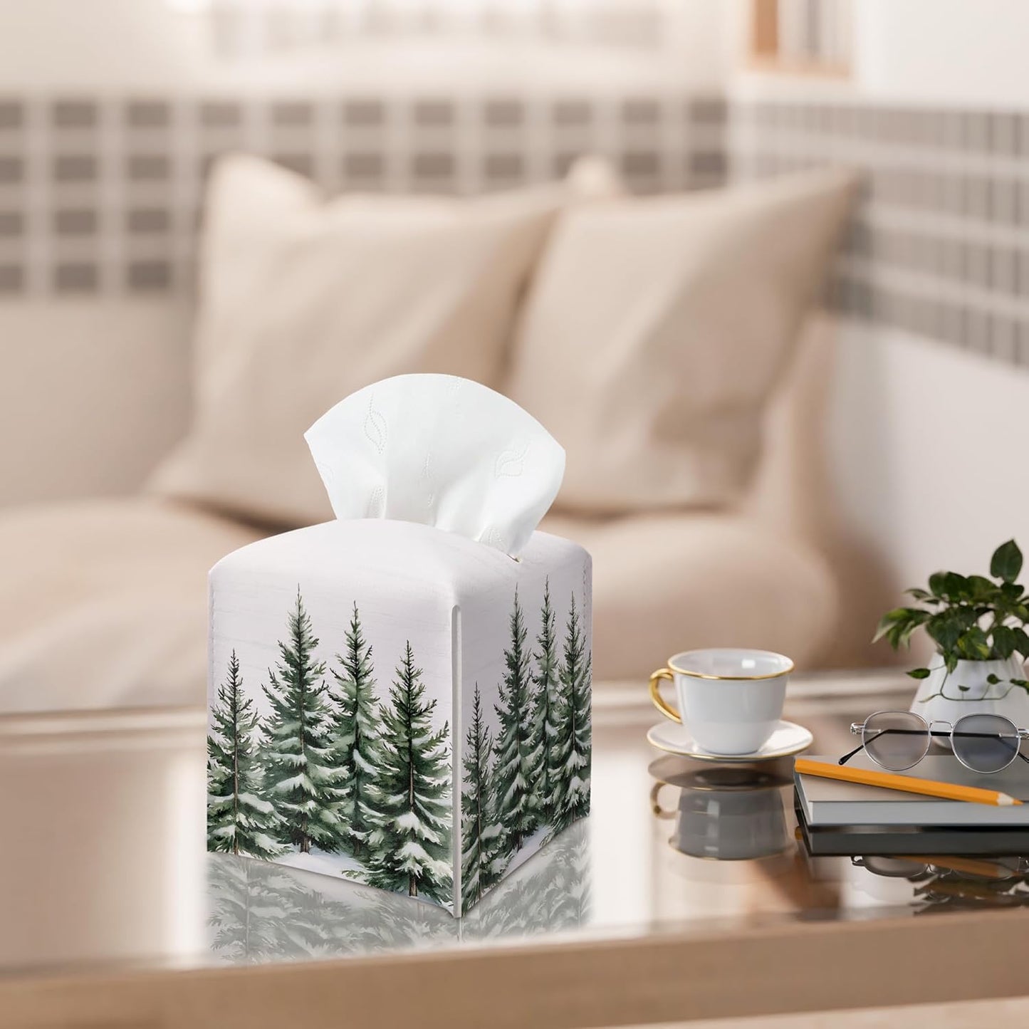 Winter Pine Tree Tissue Box Holder, Leather Tissue Box Cover Square with Bottom Belt, Paper Facial Decorative Tissues Cover for Night Stands Bathroom Kitchen Office Home Decor-B23