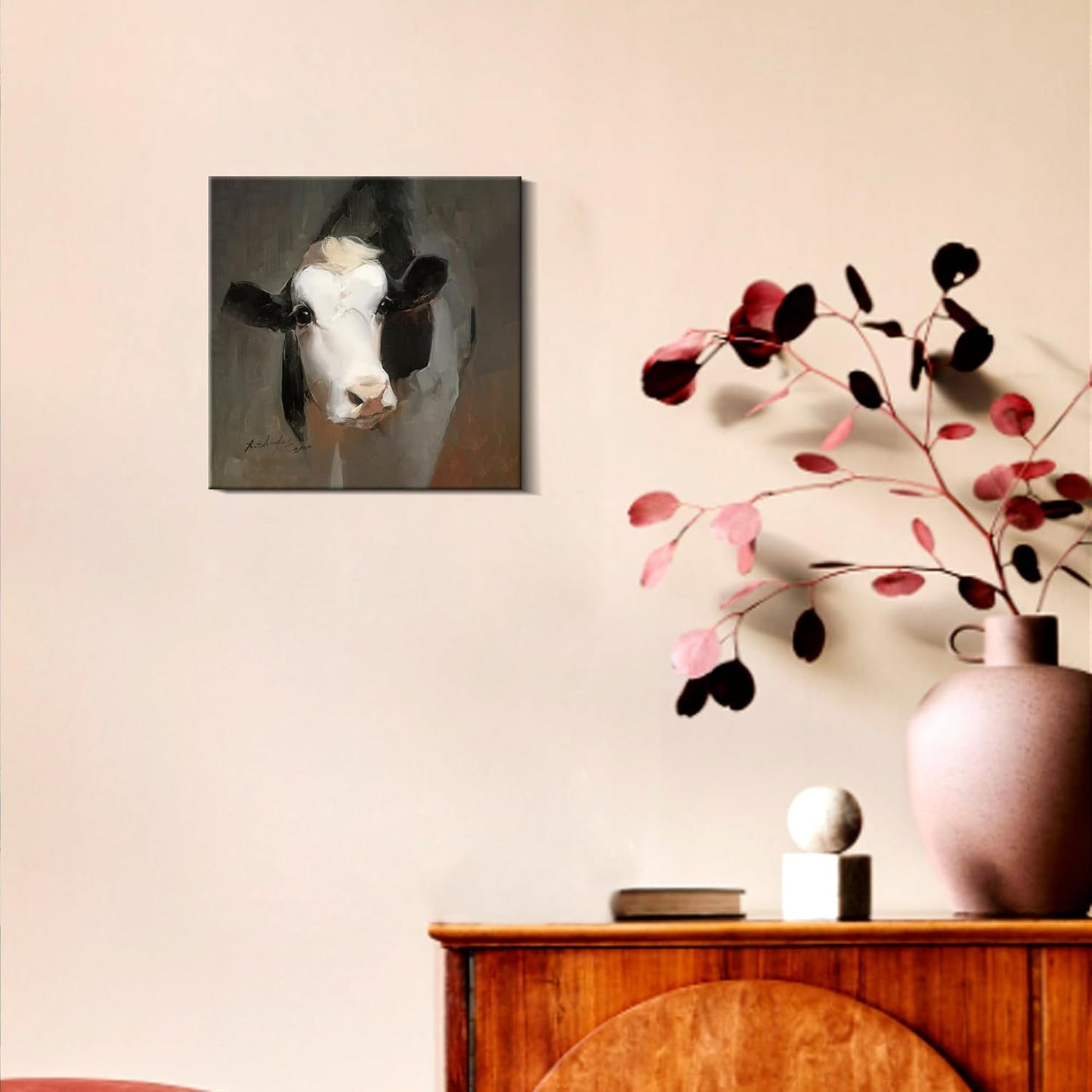 JZLDZS Farmhouse Cow Canvas Wall Art, Rustic Black & White Cow Painting Print, Country Decor for Kitchen Living Room Bathroom Bedroom, Gallery Wrapped 12x12 Inch Framed